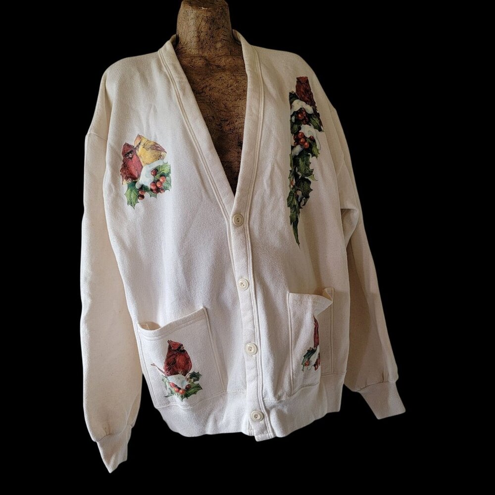 Vintage 90s Jerzees Cream Cardigan With Festive Cardinal & Holly Print Design